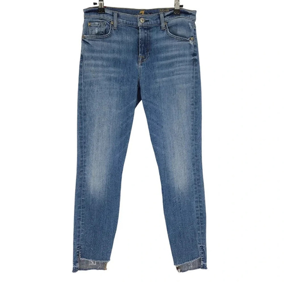 7 For All Mankind Ankle Skinny Jeans Mid Rise Medium Wash Step Raw Hem Denim - Picture 1 of 8